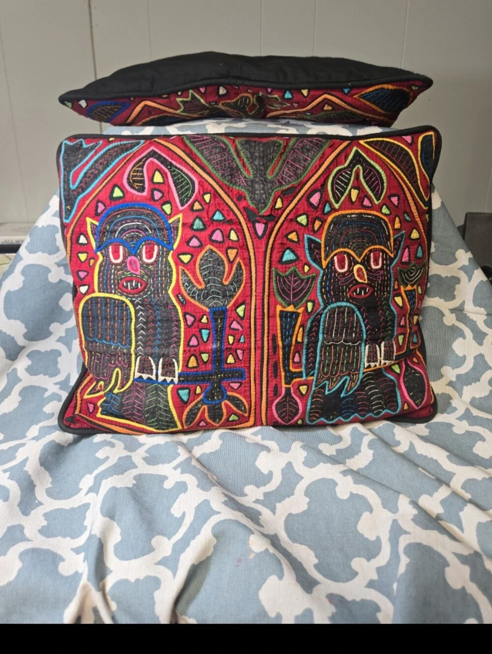 Pair of Vintage animal design mola kuna  folk art  throw pillows